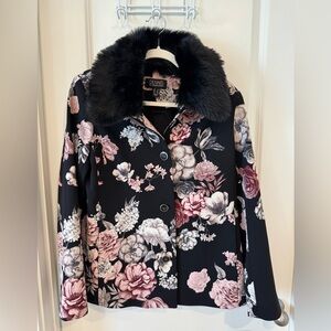 Dennis Basso Black and Pink Floral Trench Coat